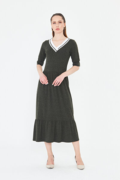 ESPİNA Women's Knitwear Banded V-Neck Short Sleeve Wool Viscose Dress