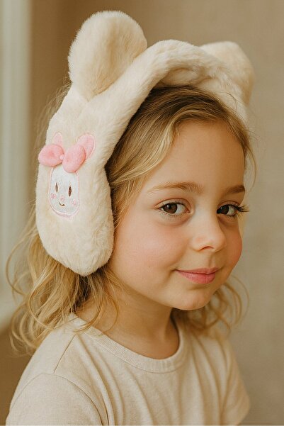 TAKIŞTIR Παιδικά βελούδινα ακουστικά με φιγούρα αρκουδάκι σε κρεμ χρώμα