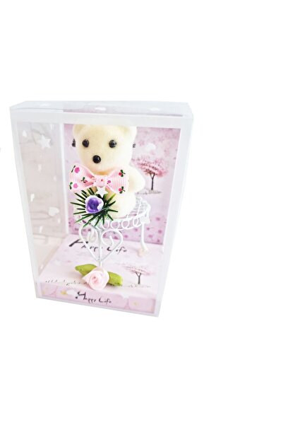 OEM Gift decoration - teddy bear on stand with flower, plastic, 7 x 6 x 11 cm, pink