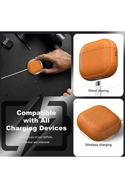 DooLike Protective case compatible with AirPods 4, leather texture, Orange, wireless charging