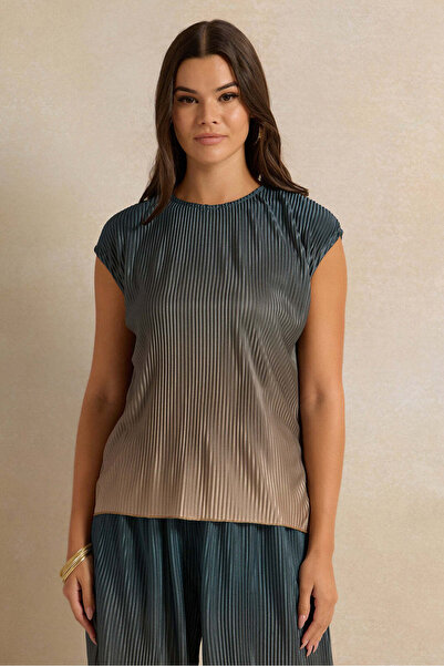 REDTAG Women Beige And Blue Ombre Effect Plisse Top