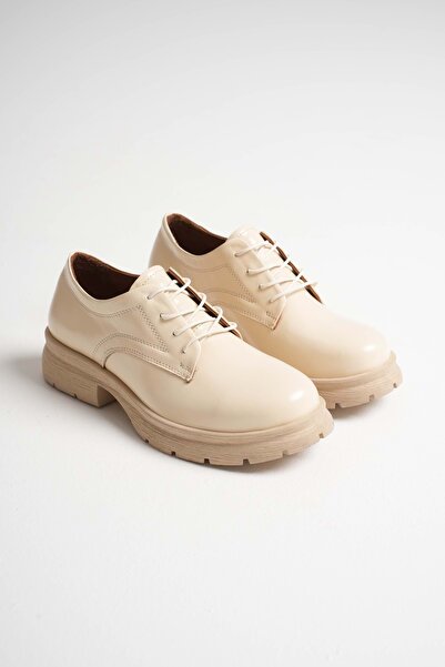 ANALİN SHOES Kadın Hakiki Deri Bağcıklı Oxford Ayakkabı - Bej Rugan