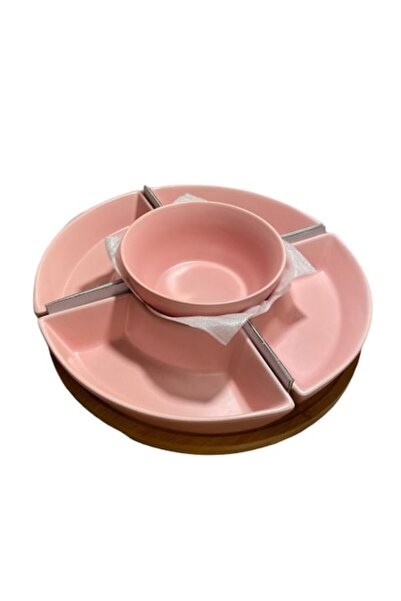 Import China Set aperitive, ceramică, 5 boluri + 1 platou din lemn, roz, rotu...
