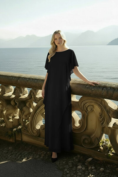 Romina Celeste Kelebek Kol Uzun Abiye Şifon Davet ve Düğün Elbisesi