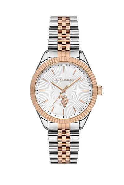 U.S. Polo Assn. Analog Watch for Women, Silver Dial, Silver & Rose Gold Brace...