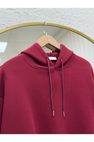 MİHRA STORE Banu Side Овална джоб Оверсайз качулка Трикотажна блуза с три връзки - ZN1644 Бордо