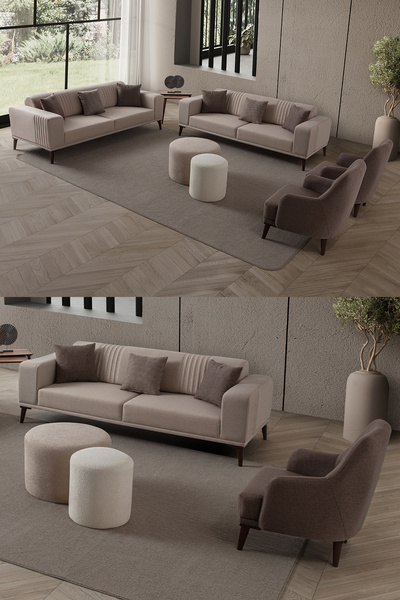 EDSY HOME Regnar 3+3+1+1 Koltuk Takımı Sütlü Kahve + Kahverengi