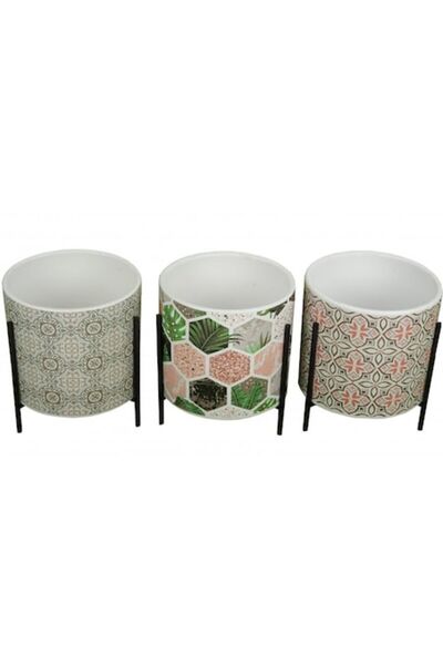 OEM Set 3 ceramic pots with stand, painted design, 18x11 cm
