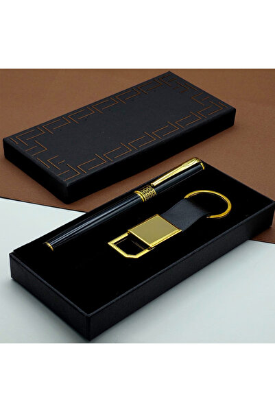 Skygo Gift Set with Black Pen and Gold Leather Keychain Box