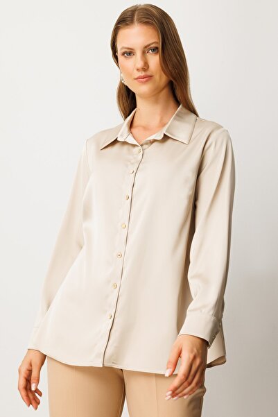 Ekol Women's Plus Size Buttoned Satin Shirt 3505 Pearl