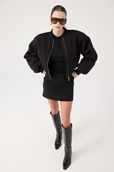 HOLLY LOLLY Crop Cut Shoulder Pad Piece Parker Bomber Jacket Black