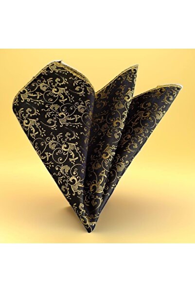 Exve Exclusive Black with Gold Yellow Shawl Pattern Jacquard Woven Pocket Lapel Handkerchief
