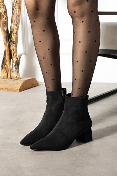 ShoeTek Yerta Kadın Bot Kalın Topuklu Fermuarlı Siyah Süet