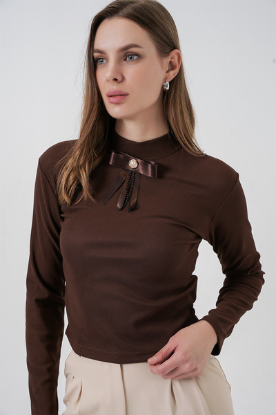 Bigdart Women's Ribbon Detail Long Sleeve Blouse 977 - Brown