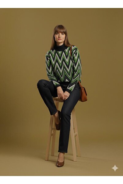 Lal Triko Zig Zag Patterned Turtleneck Sweater 12407