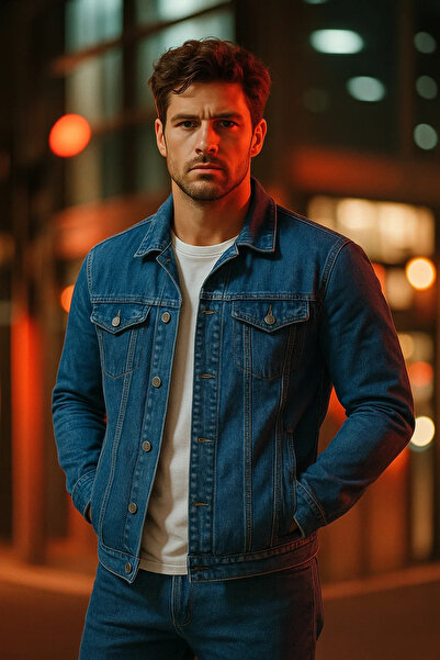 Serseri Erkek Pamuklu Polo Yakalı Dar Mavi Kot Ceket