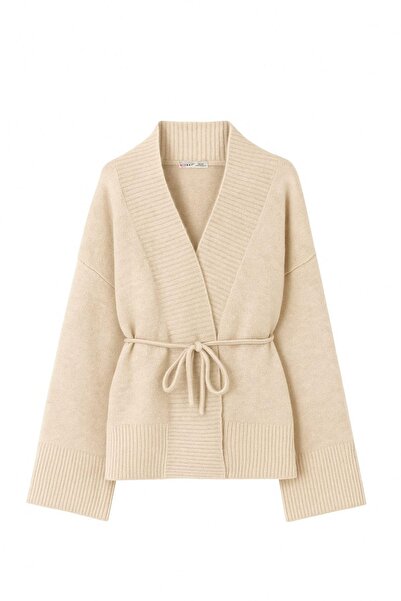 Mixray 6966 Women's V-Neck Tie-Up Knit Cardigan Beige