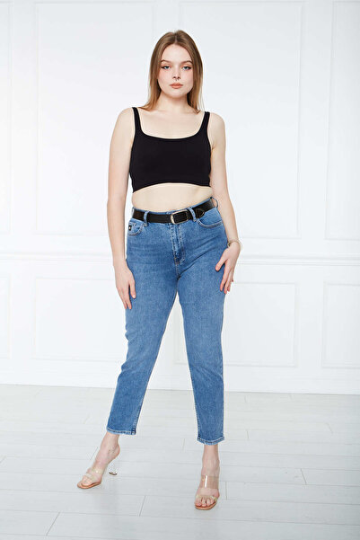 cracpot Kadın Mavi Geniş Beden Yüksek Bel Mom Likralı Pantolon