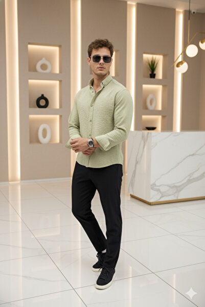 Mamlay Ανδρικό λινό πουκάμισο με καλοκαιρινή υφή Green Half oversized