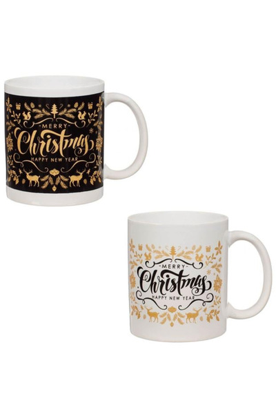 NBPRINT Set of Christmas Ceramic Mugs Black White Merry Christmas 330ml - 2pcs