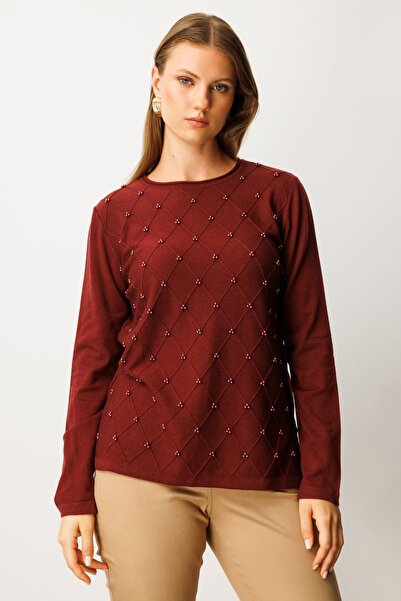 ON Women's Plus Size Crew Neck Beaded Detail Knitwear Sweater 63312 Burgundy