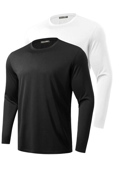 GHASSY CO. 2-Pack Men's 100% Cotton Stretch Fabric Sports Running Casual Training Long Sleeve Combed Cotton T-Shirt