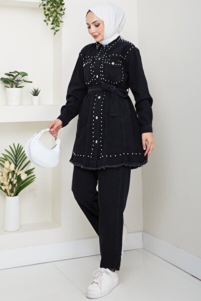 Hb Harma Time Butik Women's Pearl Detailed Belted Black Denim Suit