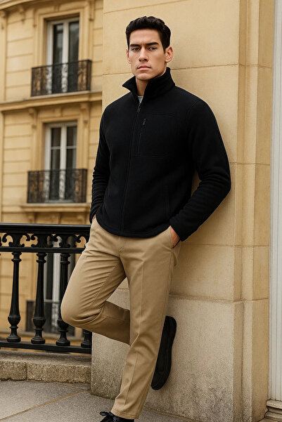 comstar Ανδρική χειμερινή βασική ζακέτα με φερμουάρ και τσέπες μαύρη φλις