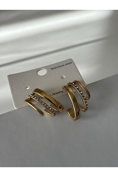 marsel aksesuar Triple Look Zircon Stone Detail Non-Tarnish Gold Steel Earrings