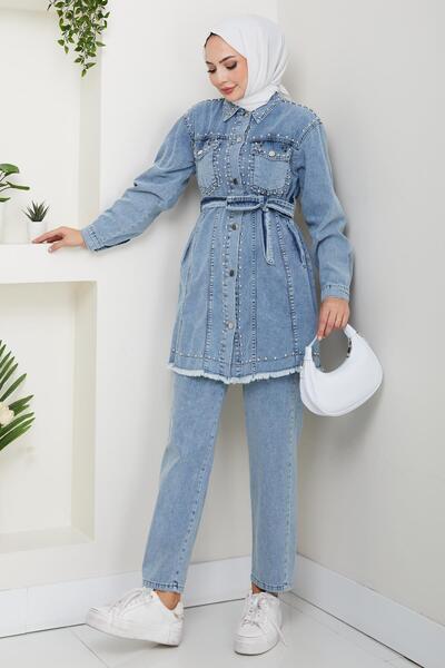 Hb Harma Time Butik Women's Pearl Detailed Belted Blue Denim Suit