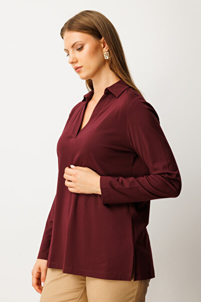 ON Women's Plus Size Polo Neck Basic Blouse 61332 Burgundy