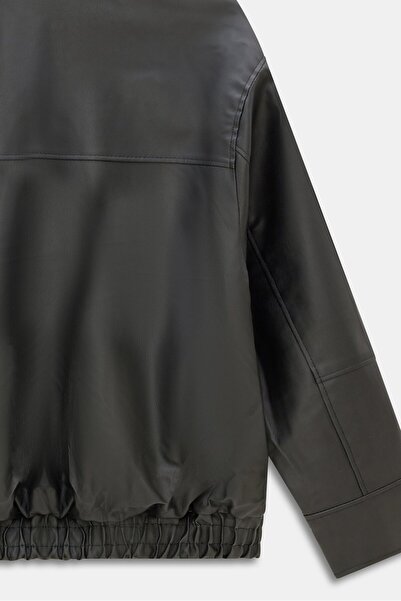 Saade Black Women's Relaxed Fit Shirt Collar Zipper Pocket Drop Shoulder Faux Leather Bomber Jacket - Elastic Waist