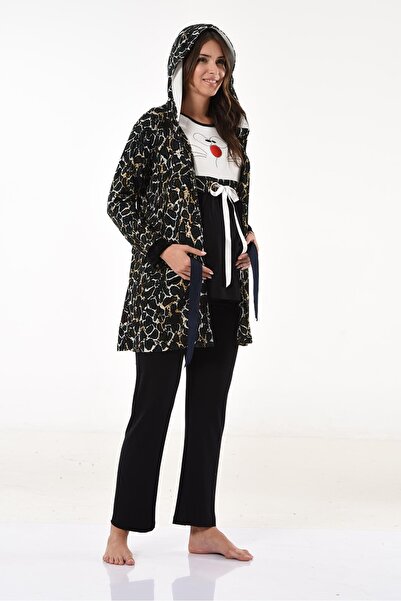 Miss Dünya Lissa طقم بيجامة للحوامل والرضاعة من القطيفة بنمط الفهد الأسود بغط...