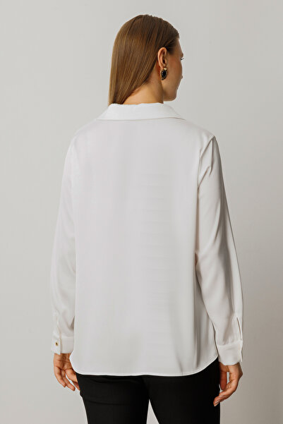 Ekol Women's Plus Size Buttoned Satin Shirt 3505 Ecru