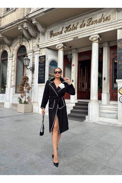 Siseniorita Elegant Women's Midi Coat, With Contrasting Trim and Floral Brooch Detail, Waist Belt