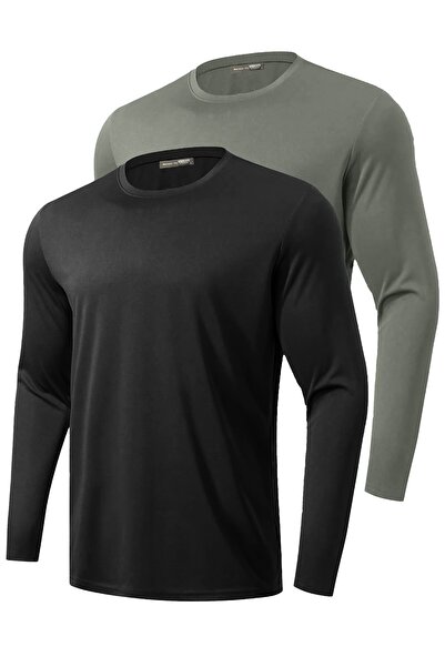 GHASSY CO. 2-Pack Men's 100% Cotton Stretch Fabric Sports Running Casual Training Long Sleeve Combed Cotton T-Shirt