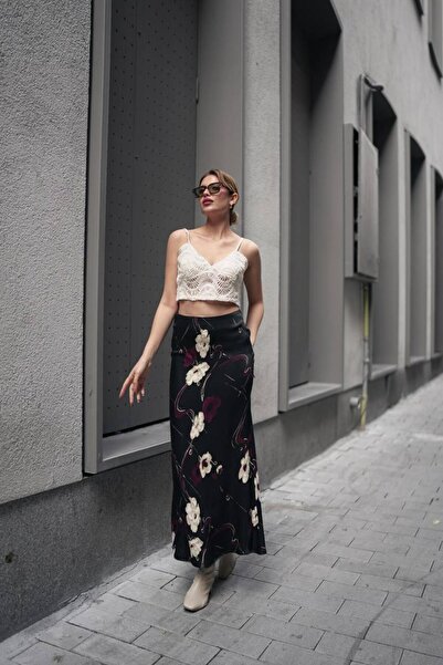 Gugus Women's Satin Skirt A-Cut Patterned Imported Fabric