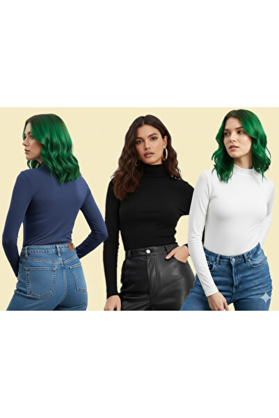 TRİYA FASHİON Long Sleeve 3-Piece Women's Turtleneck Badi (Black-White-Navy Blue)