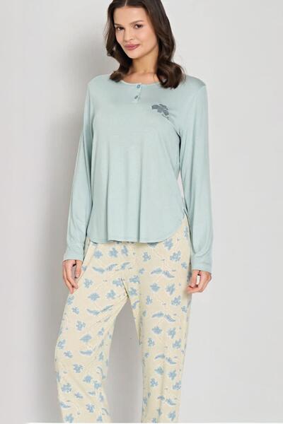 Pijadore Women's Plus Size Long Sleeve Button down Collar Blue Pajama Set C8T0N91