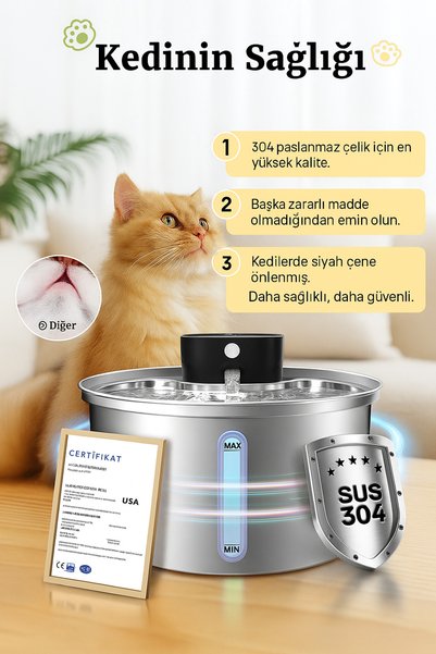Fauna Pet Supplies Şarjlı Otomatik Kedi Su Pınarı Paslanmaz Çelik – 3.2L Sessiz Akıllı Su Kabı (Güçlü Batarya)