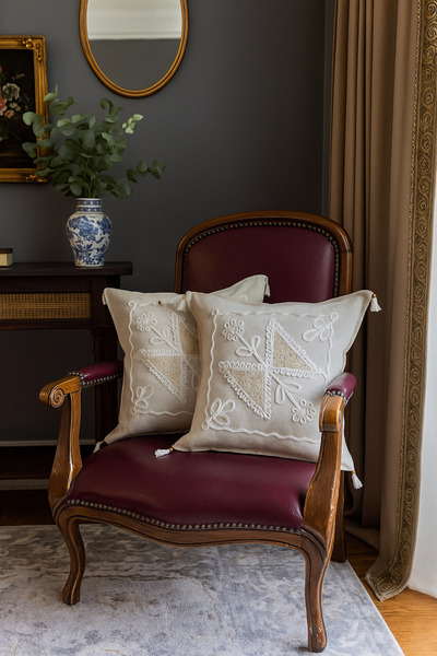 LUNGA VİTA (2 ADET) Buldan İşi Dokuma Kırlent Kılıfı %100 Pamuklu Güpürlü Dan...