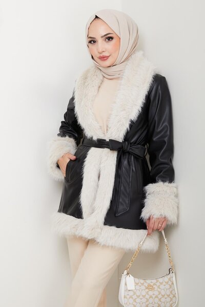 Hb Harma Time Butik Γυναικείο δερμάτινο μαύρο μπουφάν με επένδυση και γούνινη ζώνη