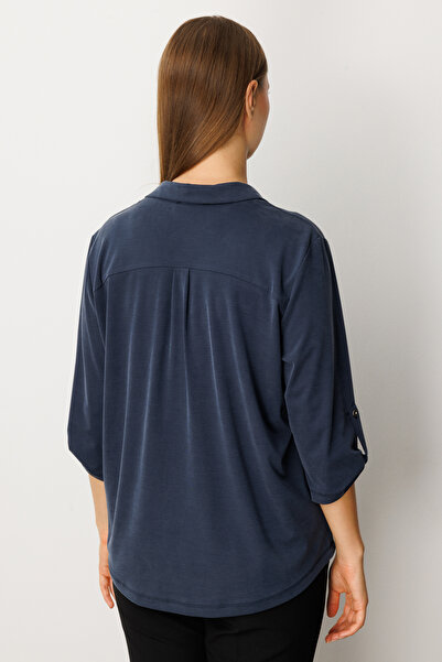 ON Women's Plus Size Collar Buttoned Pocket Detailed Blouse 61356 Indigo