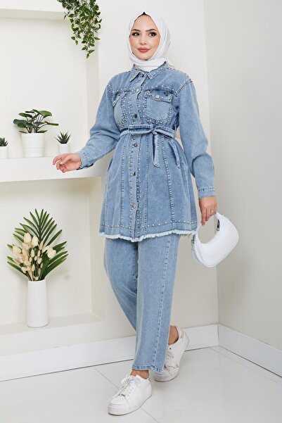 Hb Harma Time Butik Women's Pearl Detailed Belted Blue Denim Suit