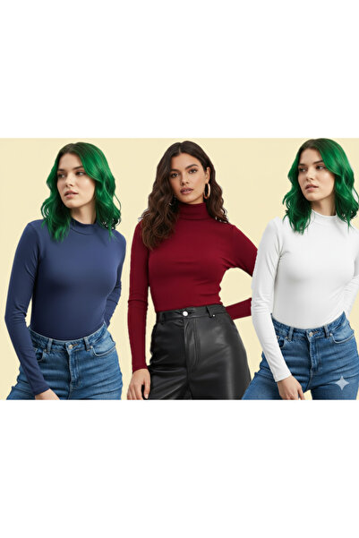 TRİYA FASHİON Long Sleeve 3-Piece Women's Turtleneck Badi (Navy Blue-Claret Red-White)