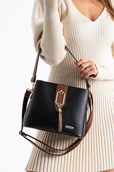 Paul Brand Women's Adjustable Long Strap Soft Leather Multi-Compartment Black Tan Hand and Shoulder Bag Pbs1438