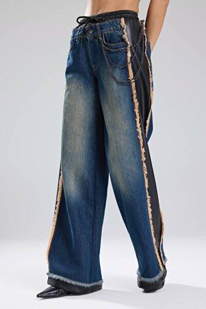 tw3 Women's Faux Leather Paneled Chain Detailed Design Trousers