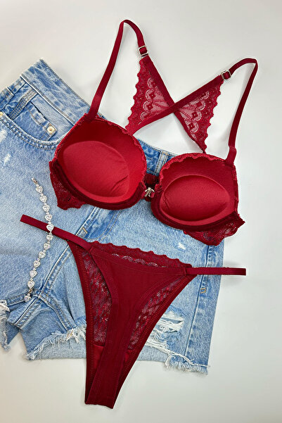 Morensa Front Opening Butterfly Detailed Supported Lace Lingerie Set Burgundy