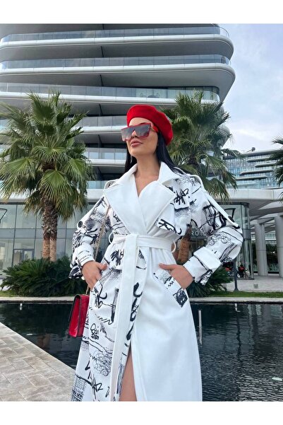 Siseniorita Women's Long Trench Coat with Printed and Waist Belt