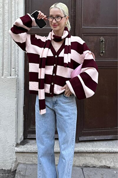 Madmext Bordo Çizigli Atkılı Kadın Triko Hırka MG2588